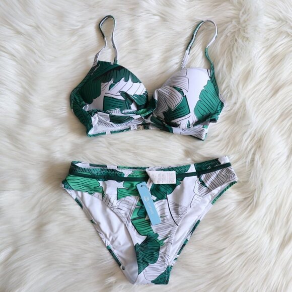 NEW White & Green Leafy Tropical Print Bikini Swim Set Size Small - Picture 3 of 9